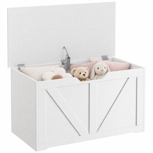100L Storage Chest, Shoe Storage Trunk Bench Box with Safety Hinge and U-shaped Cut-out Pull, Blanket Box Ottoman for Bedroom, Living Room, Entryway, 80 x 40 x 45 cm, White Wood-Effect
