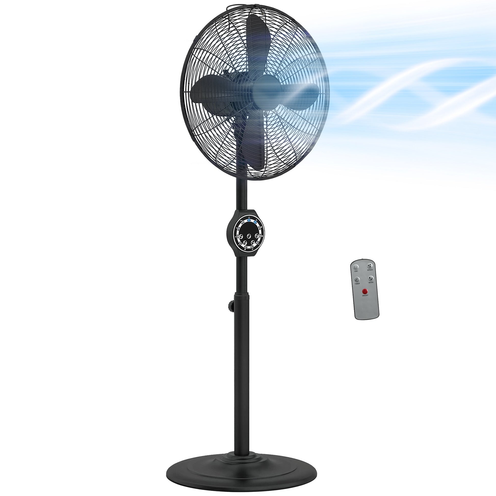 41 cm Metal Pedestal Fan, Electric Standing Floor Fan, Oscillating, Adjustable Height, 3 Speed, 7.5H Timer, Remote Control, Sleep Mode, for Home Office Bedroom, Black
