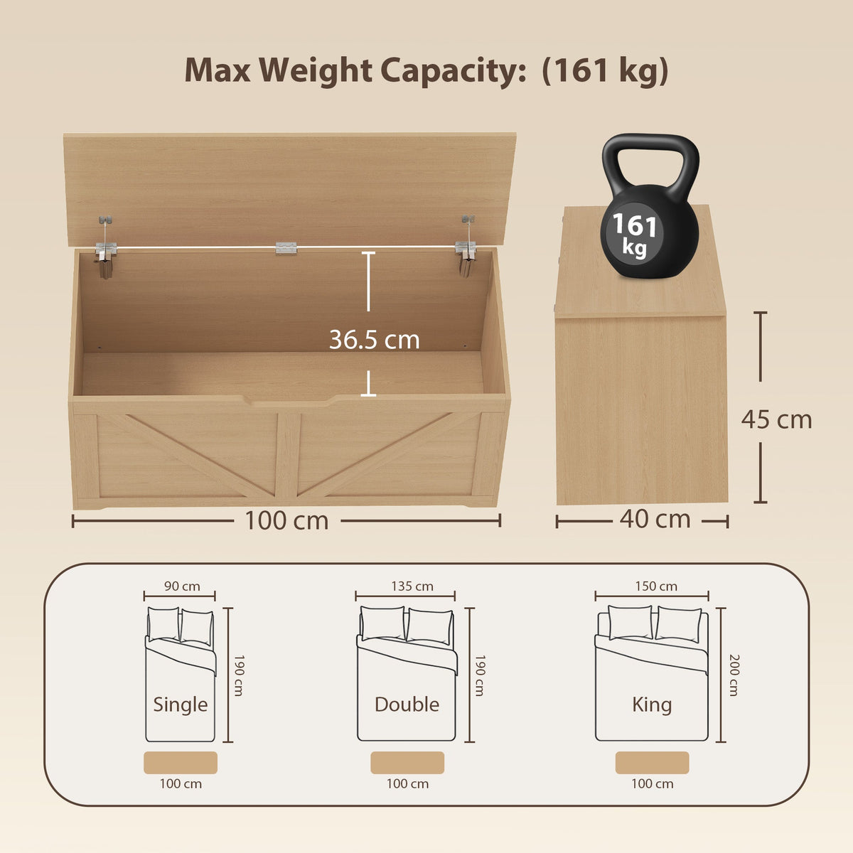 127L Storage Chest, Shoe Storage Trunk Bench Box with 2 Safety Hinges and U-shaped Cut-out Pull, Blanket Box Ottoman for Bedroom, Living Room, Entryway, 100 x 40 x 45 cm, Nature Wood Finish