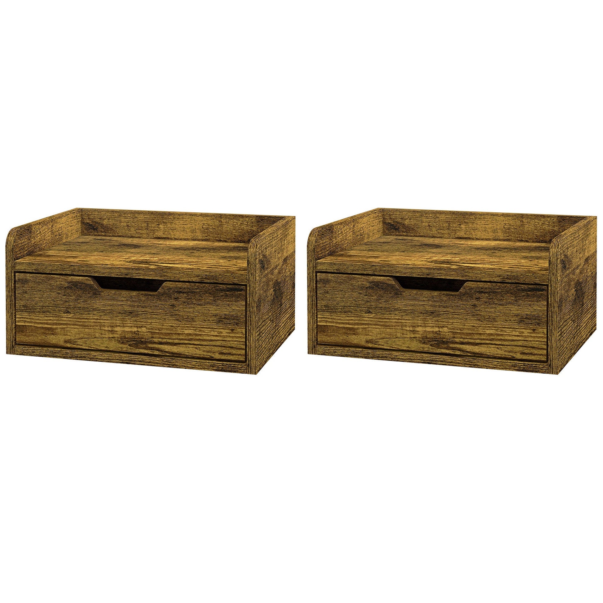 HOMCOM Floating Nightstand Set of 2 Wall Mounted Bedside Table with Storage Drawer for Bedroom, Rustic Brown