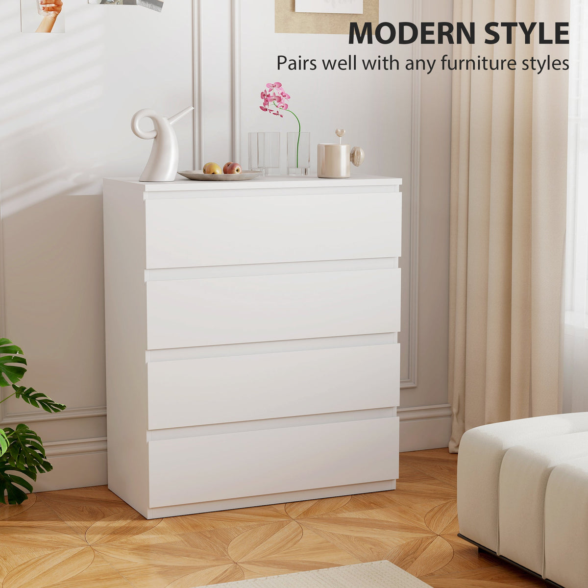 Chest of Drawers, 4-Drawer Storage Organiser Unit for Bedroom, Living Room, 80 x 39 x 95cm, White