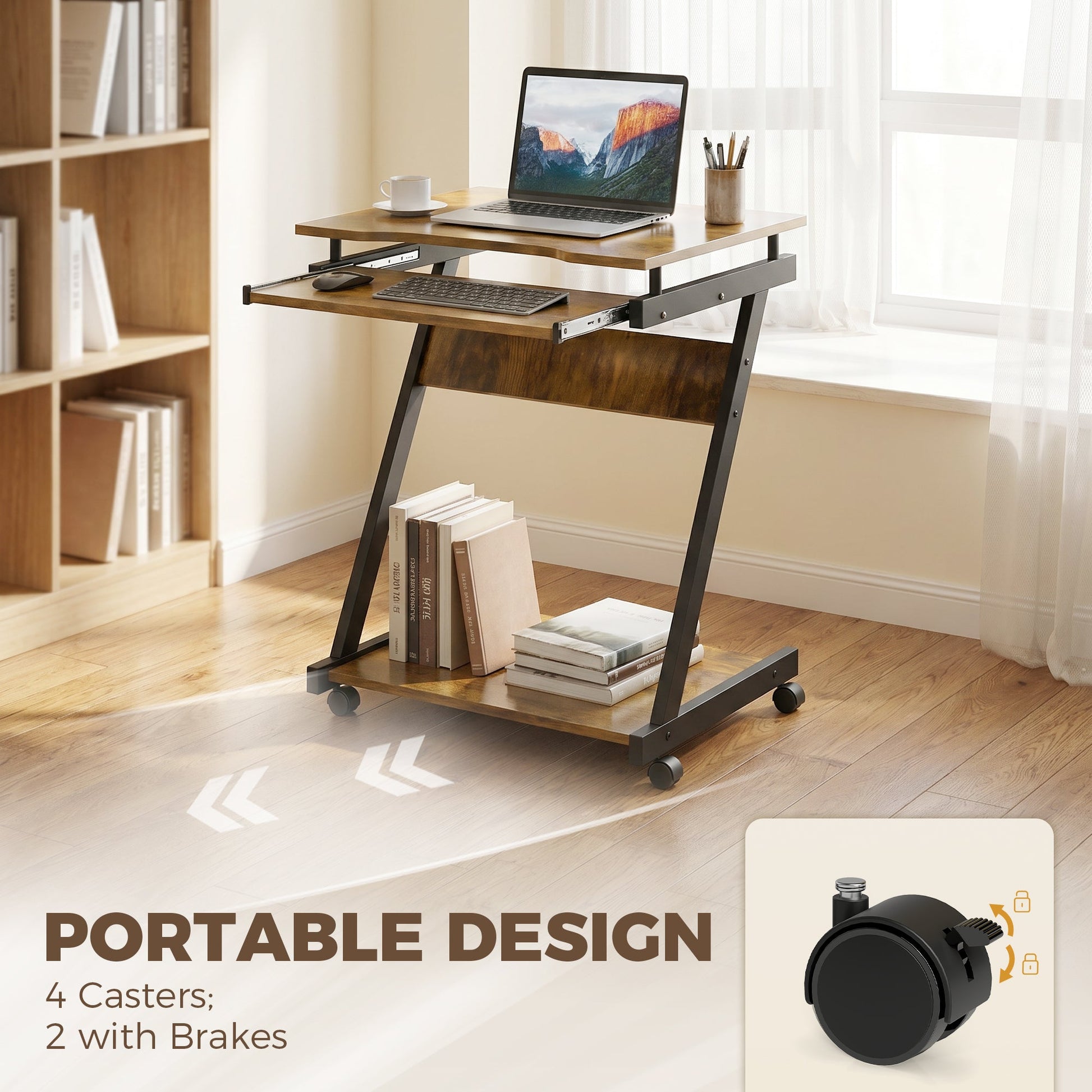 Movable Computer Desk with 4 Moving Wheels Sliding Keyboard Tray Home Office Workstation Rustic Brown