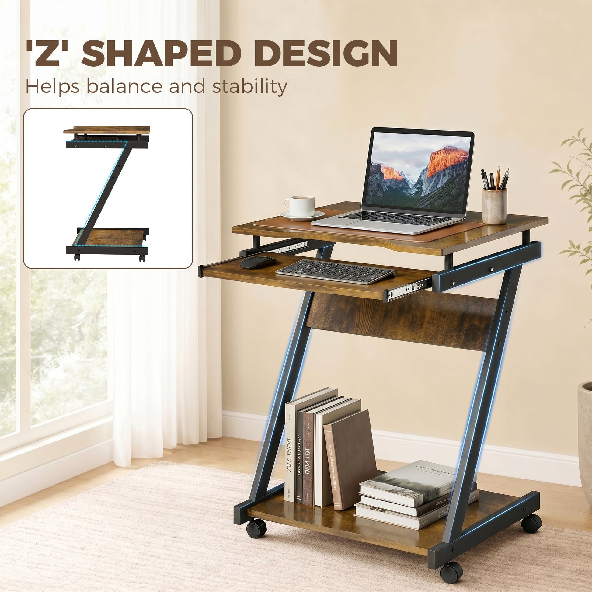 Movable Computer Desk with 4 Moving Wheels Sliding Keyboard Tray Home Office Workstation Rustic Brown