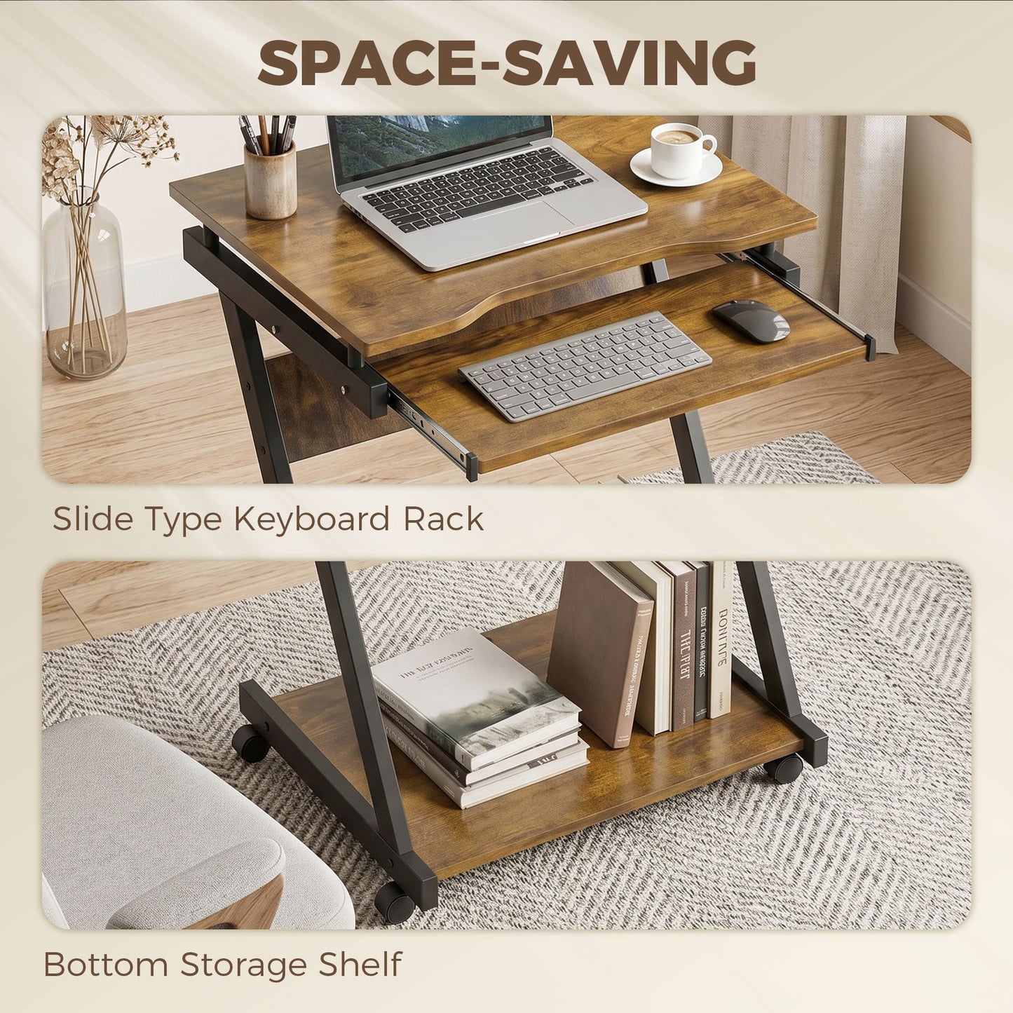 Movable Computer Desk with 4 Moving Wheels Sliding Keyboard Tray Home Office Workstation Rustic Brown