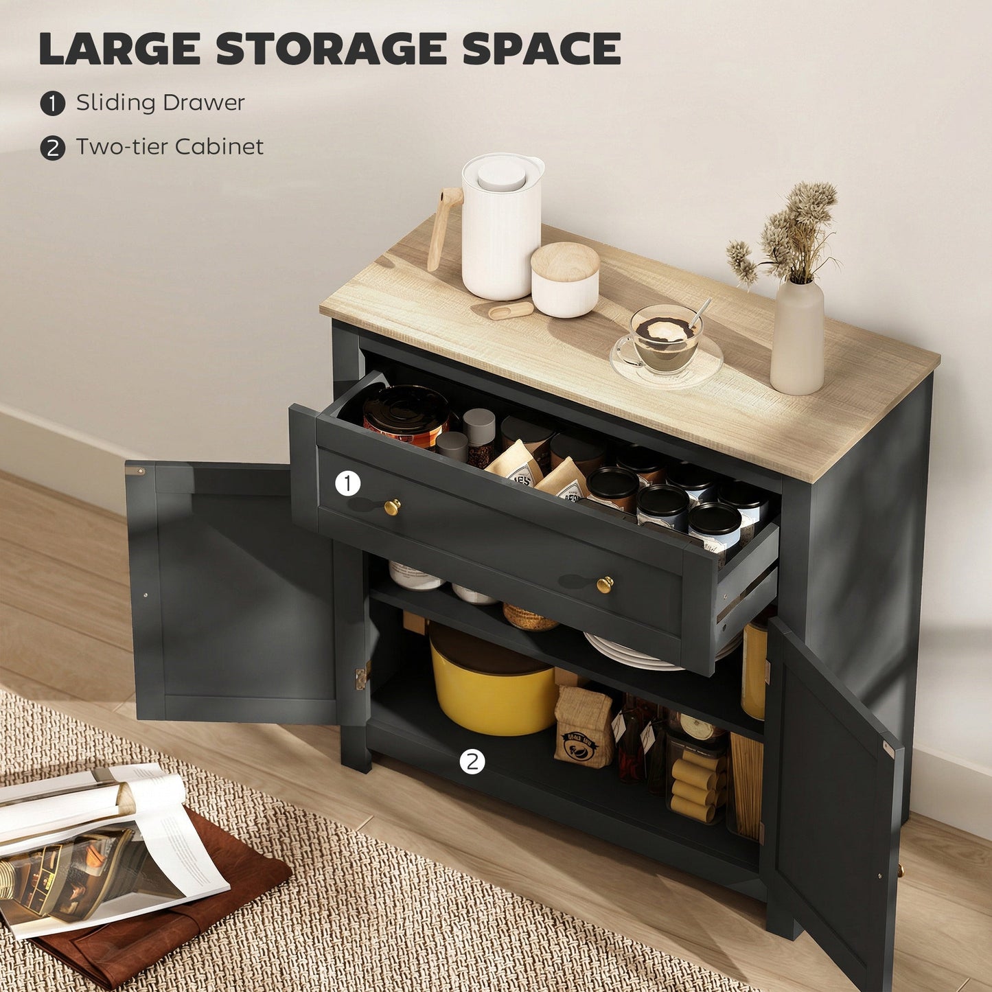 Sideboard Storage Cabinet, Modern Kitchen Cupboard with Adjustable Shelf, Drawer and Double Doors, Sideboard for Living Room, Dining Room, Hallway, Black