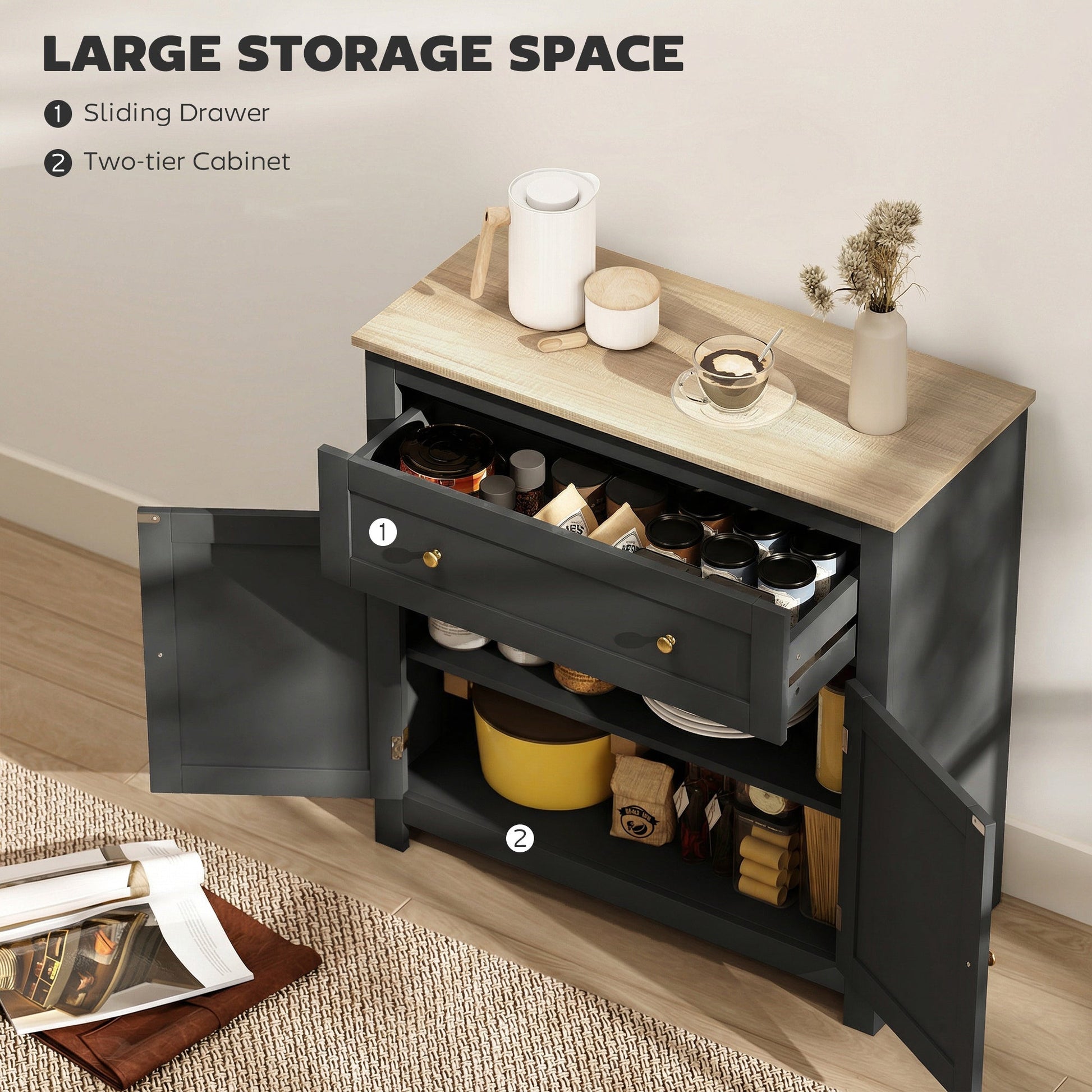 Sideboard Storage Cabinet, Modern Kitchen Cupboard with Adjustable Shelf, Drawer and Double Doors, Sideboard for Living Room, Dining Room, Hallway, Black
