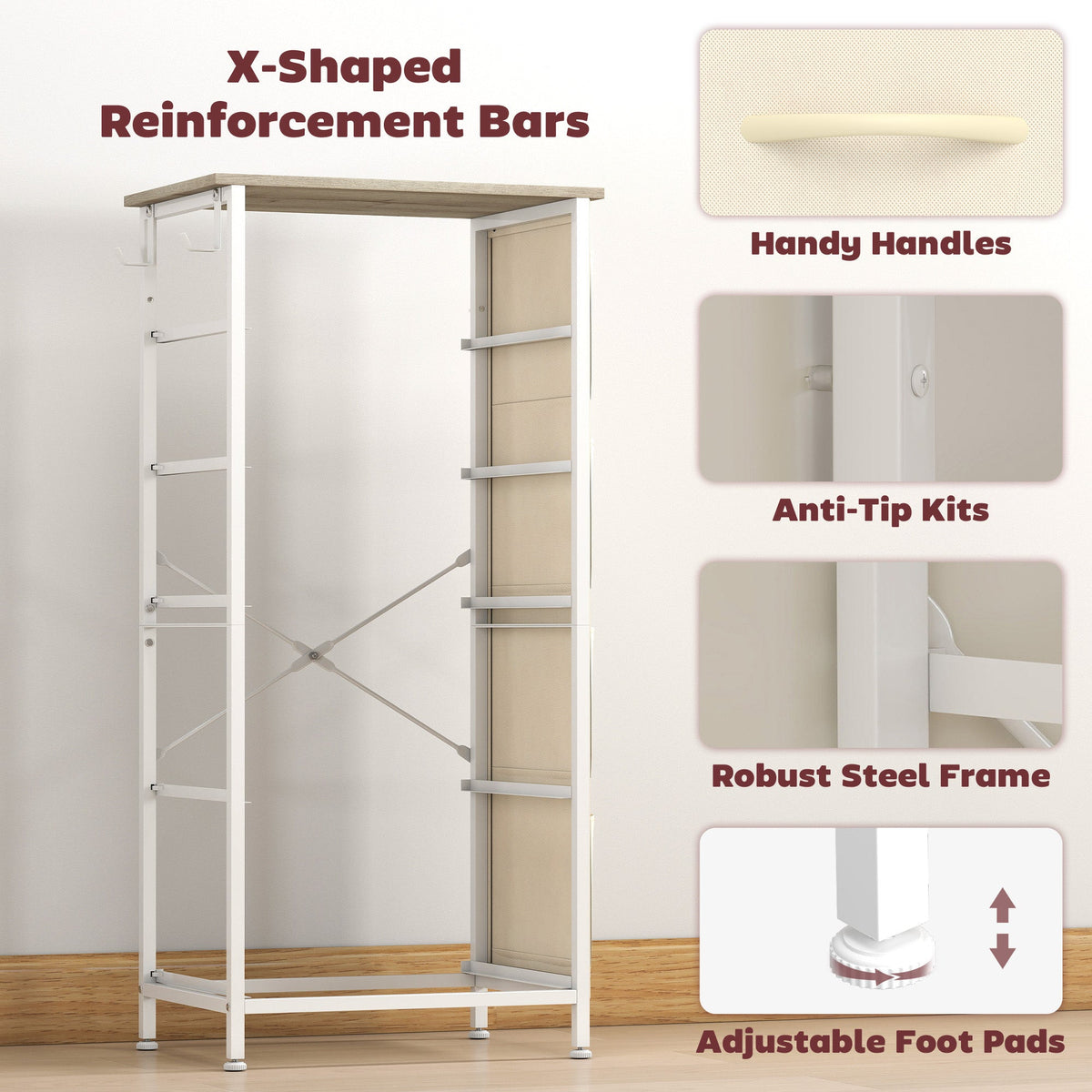 Chest of Drawers, Dresser for Bedroom with 5 Fabric Drawers, Tall Storage Unit with 4 Pockets, 2 Hooks and Steel Frame for Living Room, Hallway, Natural Wood Finish