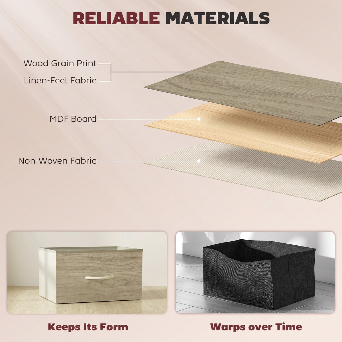 Chest of Drawers, Dresser for Bedroom with 5 Fabric Drawers, Tall Storage Unit with 4 Pockets, 2 Hooks and Steel Frame for Living Room, Hallway, Natural Wood Finish