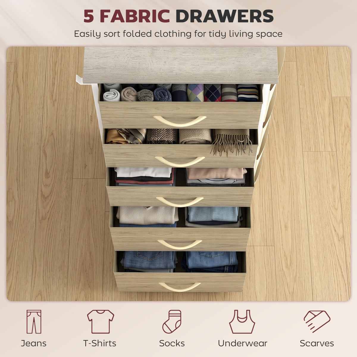 Chest of Drawers, Dresser for Bedroom with 5 Fabric Drawers, Tall Storage Unit with 4 Pockets, 2 Hooks and Steel Frame for Living Room, Hallway, Natural Wood Finish