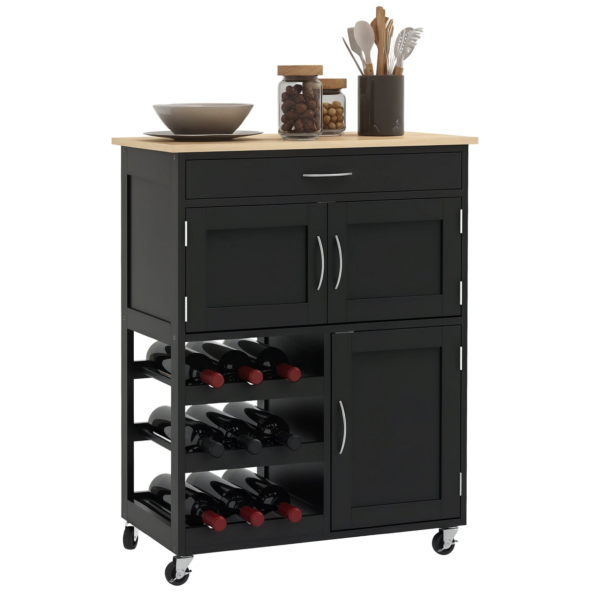 Modern Kitchen Trolley, Rolling Island Storage Cart with Drawer, 9-bottle Wine Rack, Door Cabinets, Wooden Countertop, Black