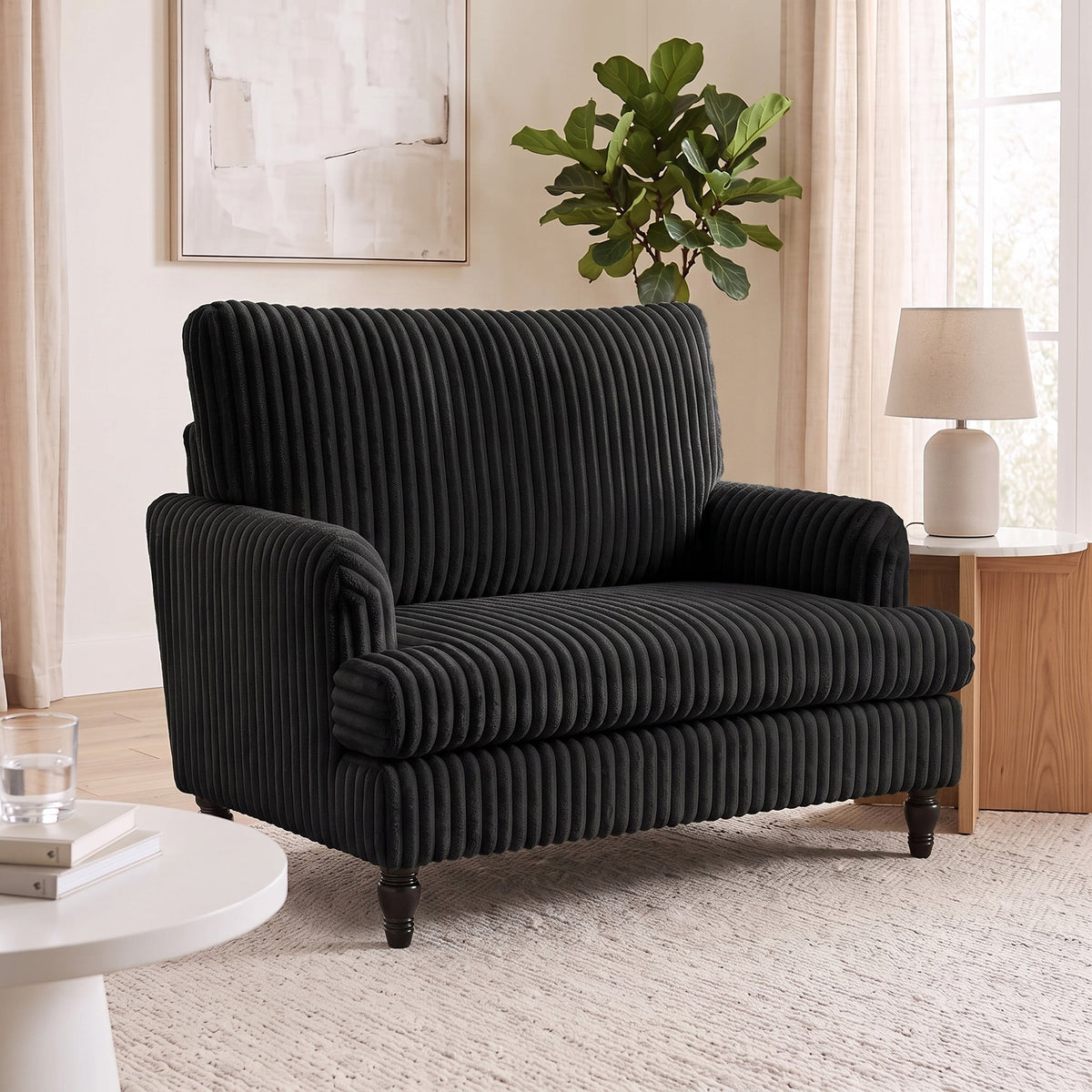 Modern Accent Chair, Corduroy Single Sofa Armchair with Stripes, Turned Legs and Wide Seat, Upholstered Snuggle Chair for Living Room, Bedroom, Black