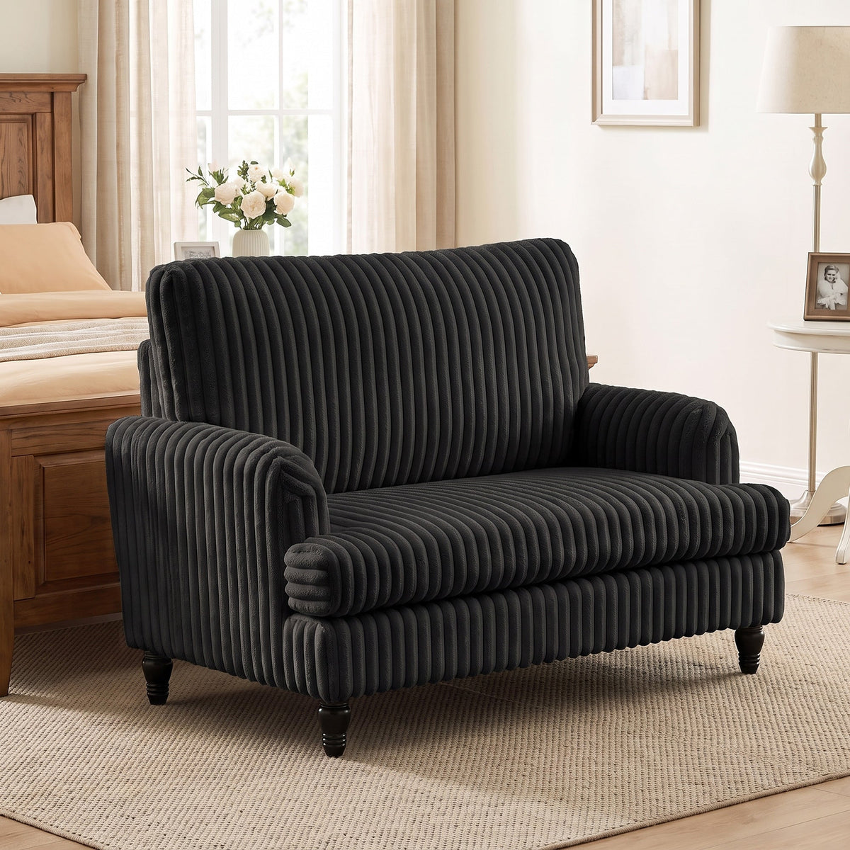 Modern Accent Chair, Corduroy Single Sofa Armchair with Stripes, Turned Legs and Wide Seat, Upholstered Snuggle Chair for Living Room, Bedroom, Black