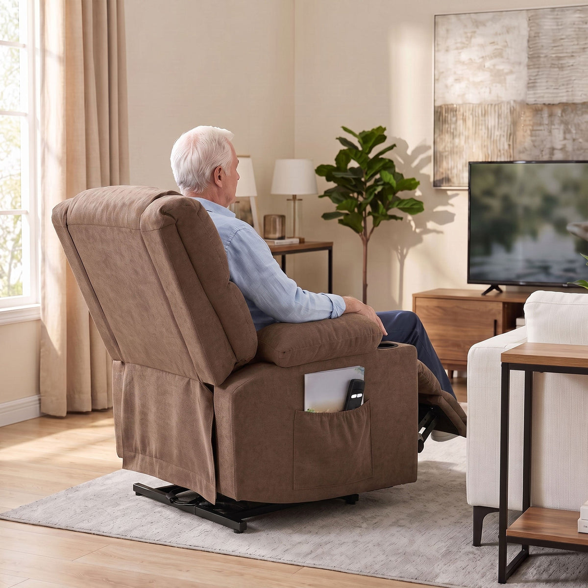 Dual Motor Recliner Chair Lift Chair for Elderly, 55° Electric Riser Recliner Armchair with Massage and Heat, Terry Cloth Power Reclining Lounge Sofa, 2 Cup Holders, Side Pockets, Brown