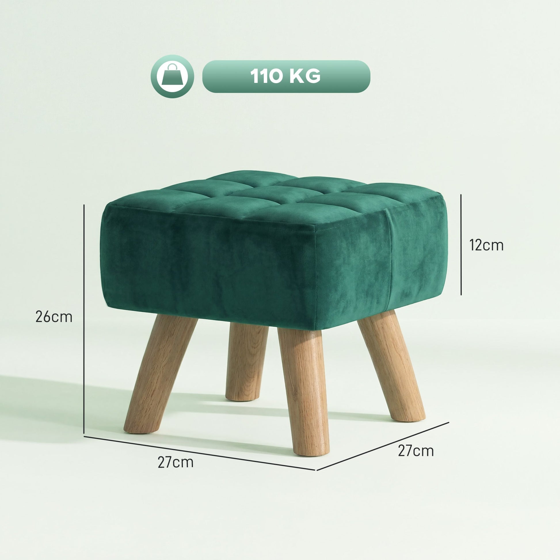 Modern Tufted Footstool, Fabric Foot Stool with Rubber Wood Legs, Padded Seat, for Living Room, Bedroom, Entryway, Dark Green