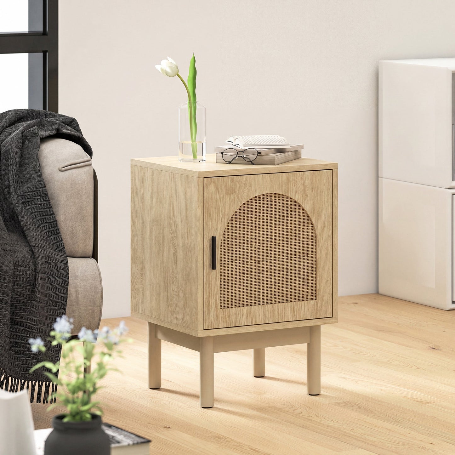 Rattan Bedside Table, Boho Bedside Cabinet with Adjustable Shelf and Solid Wood Legs, Side Table for Living Room, Bedroom, Natural Wood