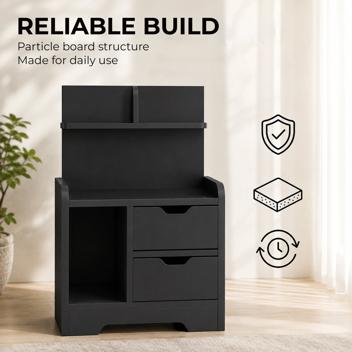 Bedside Table, Small Bedside Cabinet with 2 Drawers and Storage Shelves, Modern Nightstand for Bedroom, Black Wood Effect