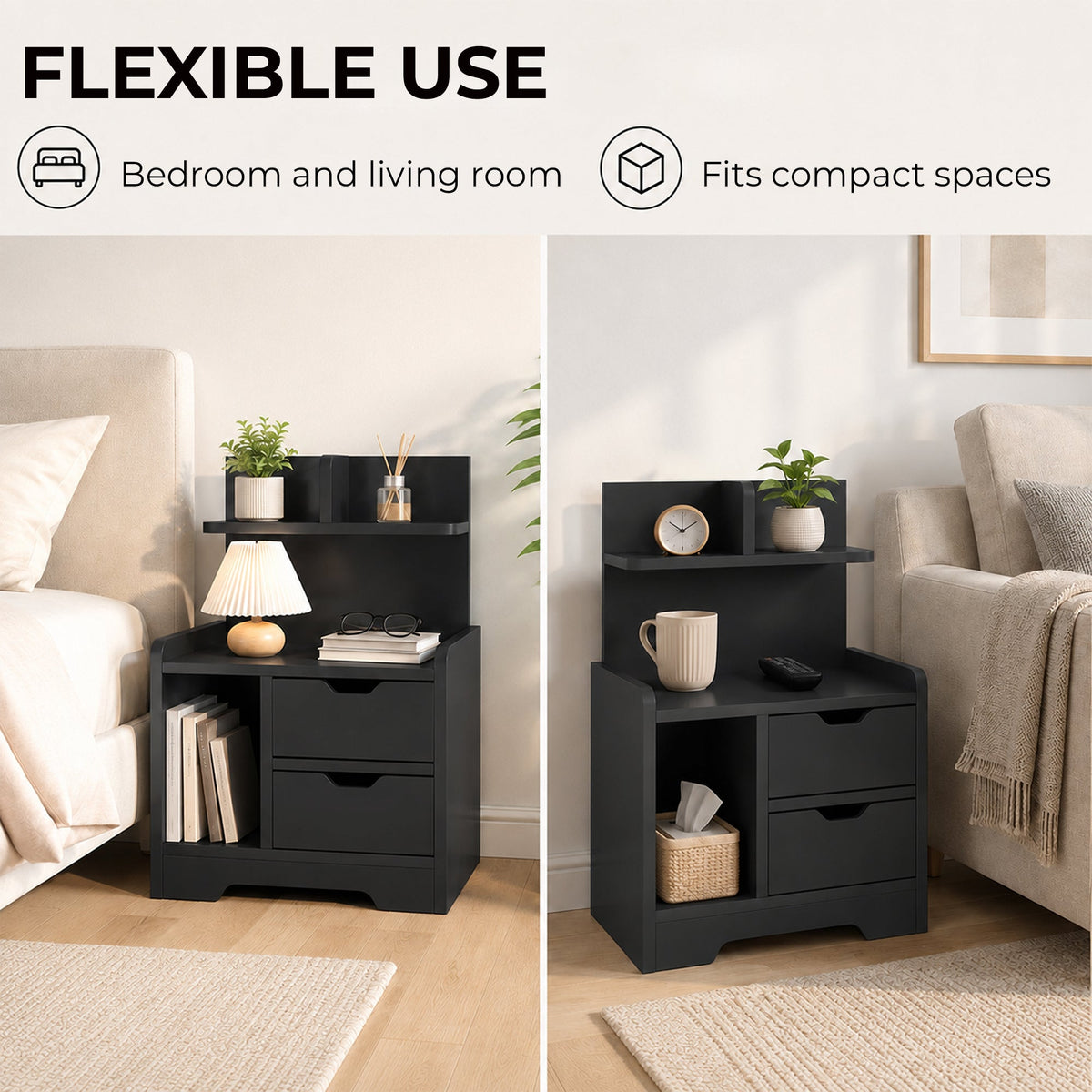 Bedside Table, Small Bedside Cabinet with 2 Drawers and Storage Shelves, Modern Nightstand for Bedroom, Black Wood Effect