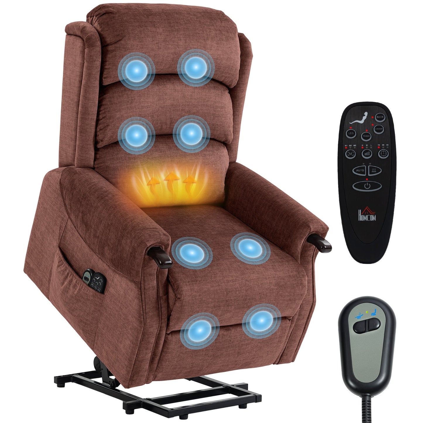 Power Lift Recliner Chair with Vibration Massage and Heat, Electric Lift Chair with Wood Grip, Pocket Spring, Fabric Riser and Reclining Armchair with Remote, Quick Assembly, Brown