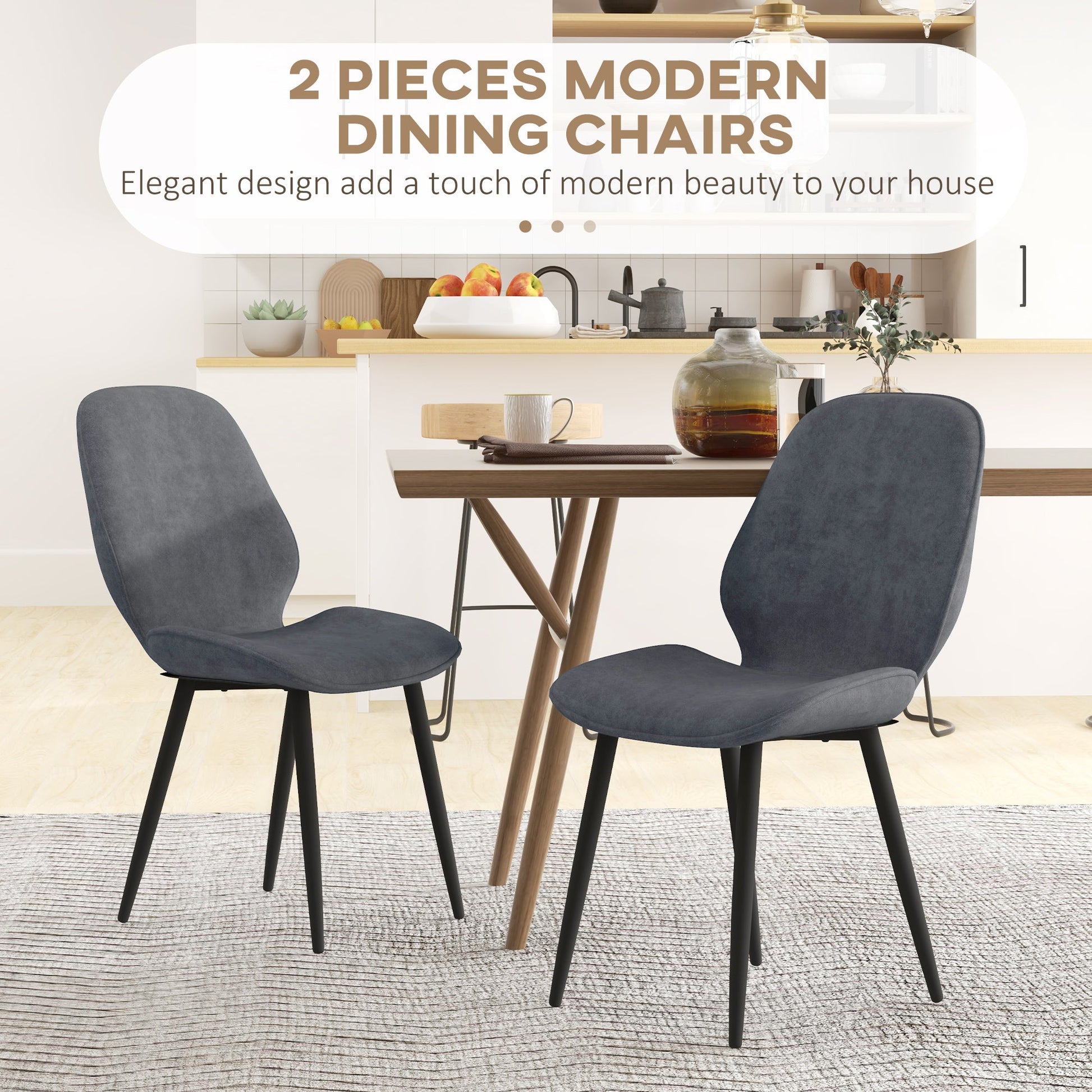 HOMCOM Dining Chairs Set of 2, Velvet Fabric Upholstered Kitchen Chairs with Solid Metal Legs for Dining Room, Living Room, Lounge, Grey