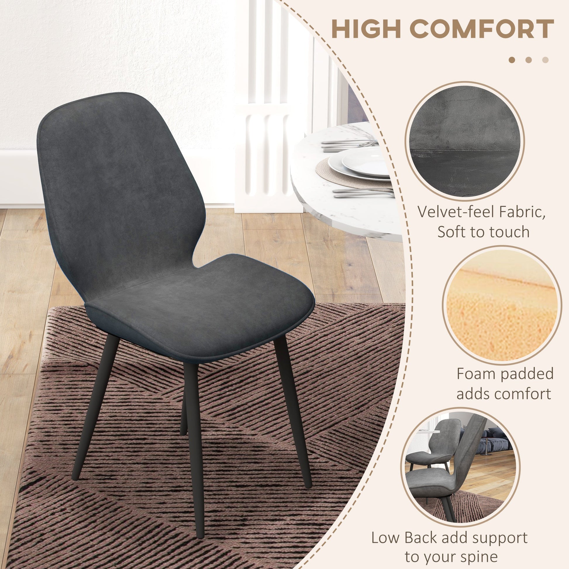 HOMCOM Dining Chairs Set of 2, Velvet Fabric Upholstered Kitchen Chairs with Solid Metal Legs for Dining Room, Living Room, Lounge, Grey