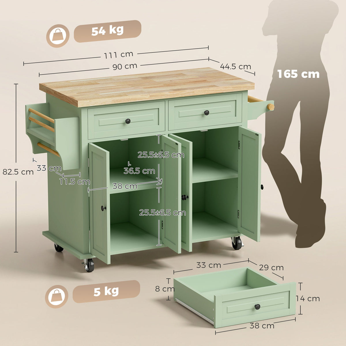 Kitchen Island on Wheels, Rolling Kitchen Storage Trolley with Rubber Wood Top, Drawers, Adjustable Shelves, Towel and Spice Rack for Dining Room, Light Green