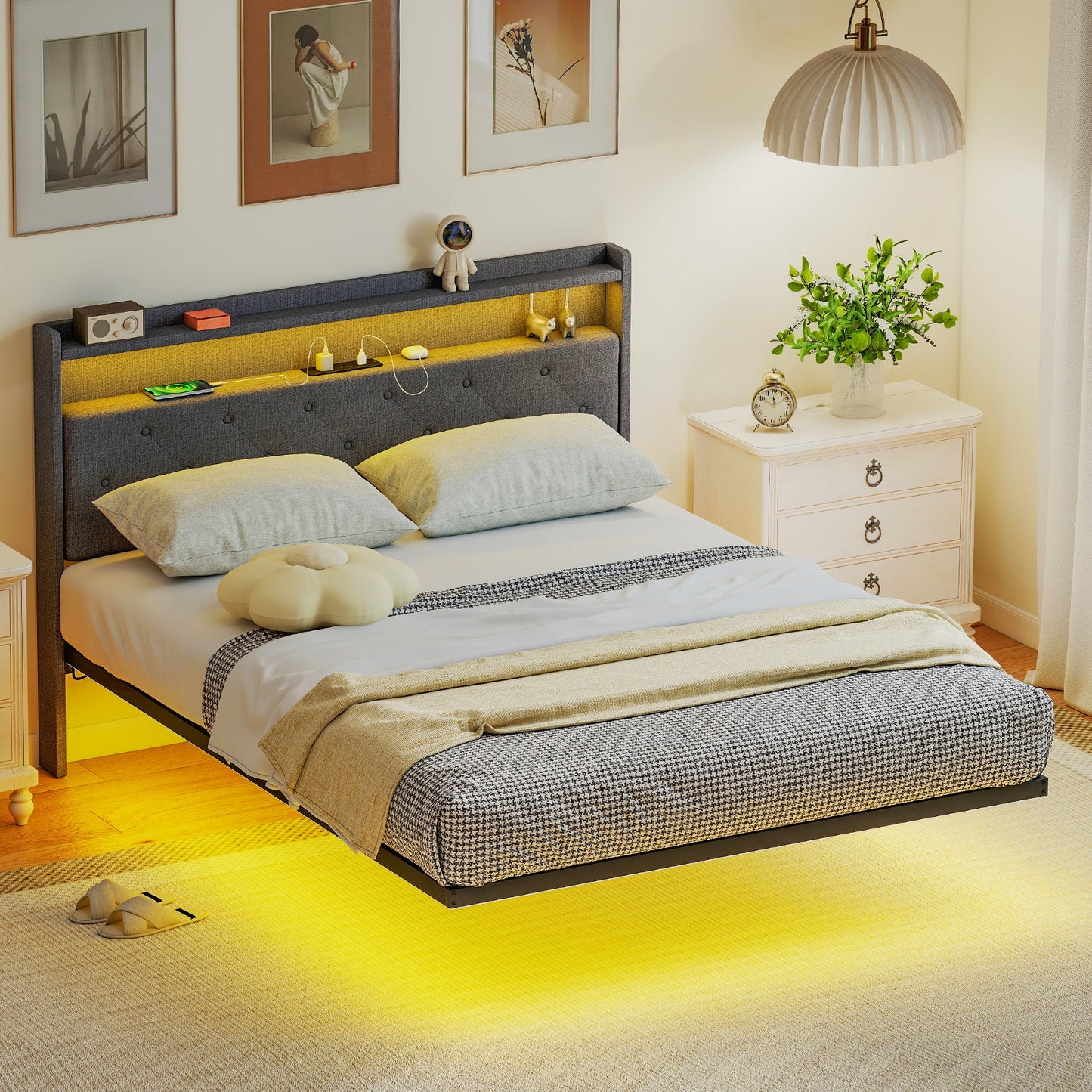 4ft6 Double Bed Frame, Floating Bed Frame with Music Sync RGB LED Lights and Charging Station, Upholstered Headboard with Storage Shelves, No Box Spring Needed, Noise Free, Grey
