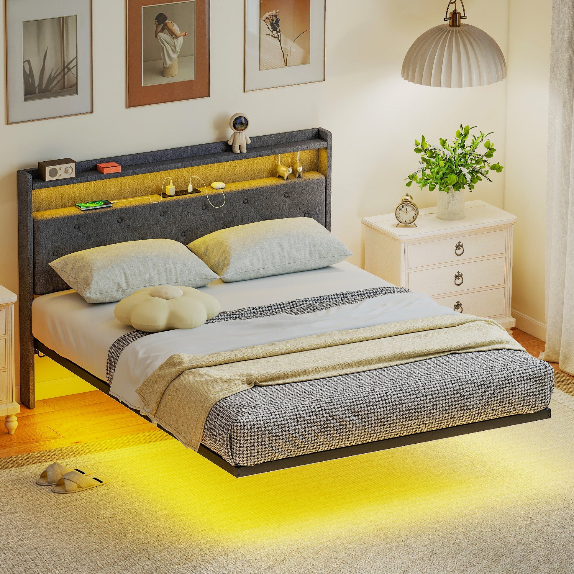 4ft6 Double Bed Frame, Floating Bed Frame with Music Sync RGB LED Lights and Charging Station, Upholstered Headboard with Storage Shelves, No Box Spring Needed, Noise Free, Grey