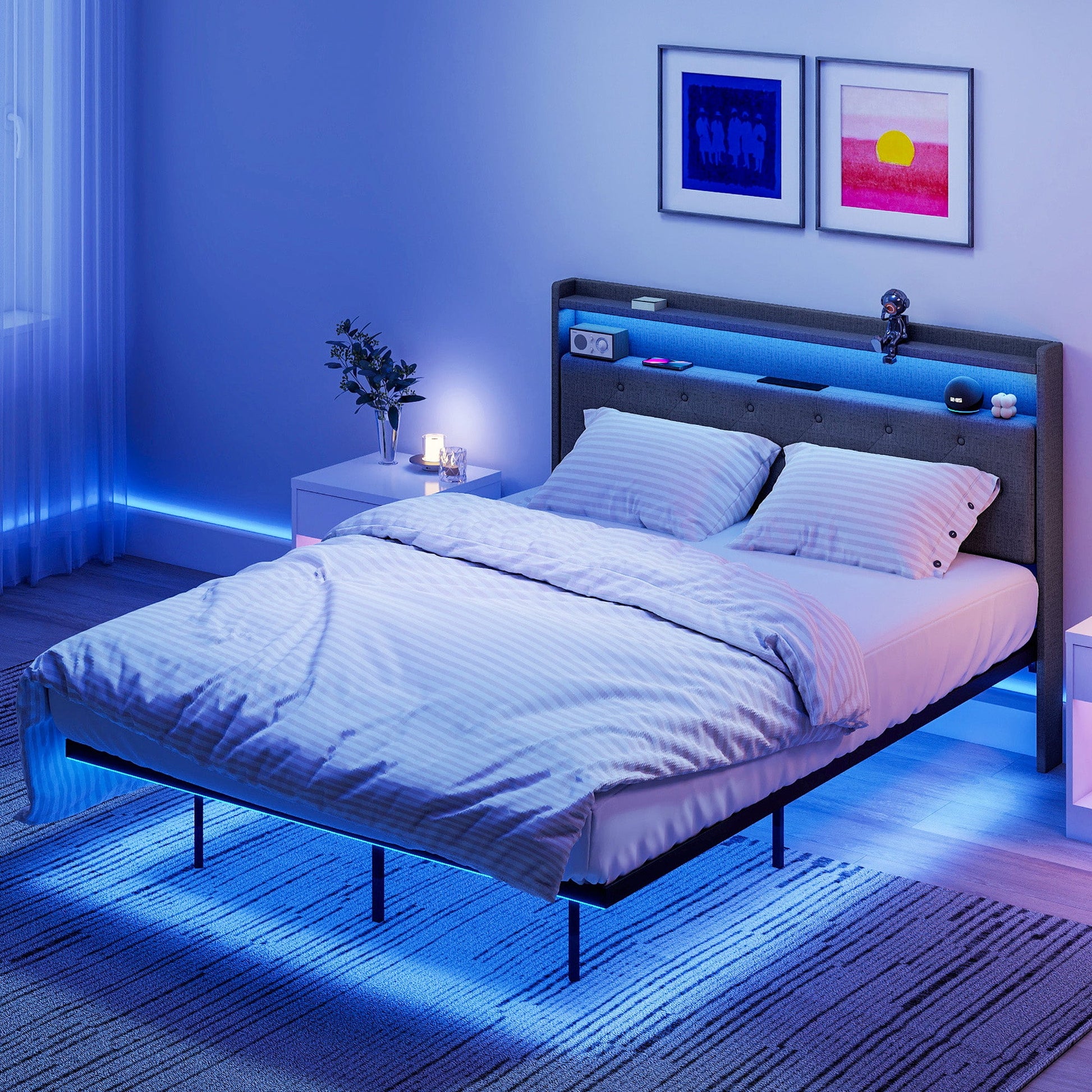 4ft6 Double Bed Frame, Floating Bed Frame with Music Sync RGB LED Lights and Charging Station, Upholstered Headboard with Storage Shelves, No Box Spring Needed, Noise Free, Grey