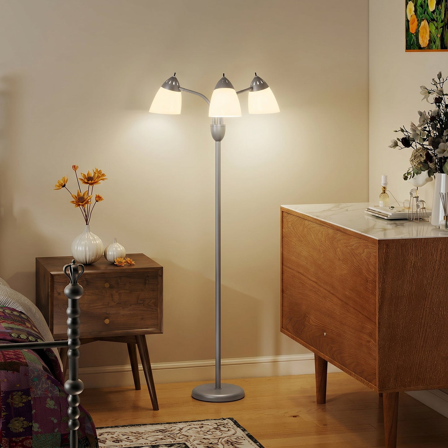 Arc Tree Floor Lamp with 3 Adjustable Rotating Lights and 3000K/4500K/6500K Colour Temperatures, Industrial Standing Lamp with Steel Frame for Bedroom Living Room, 155cm, Silver Tone