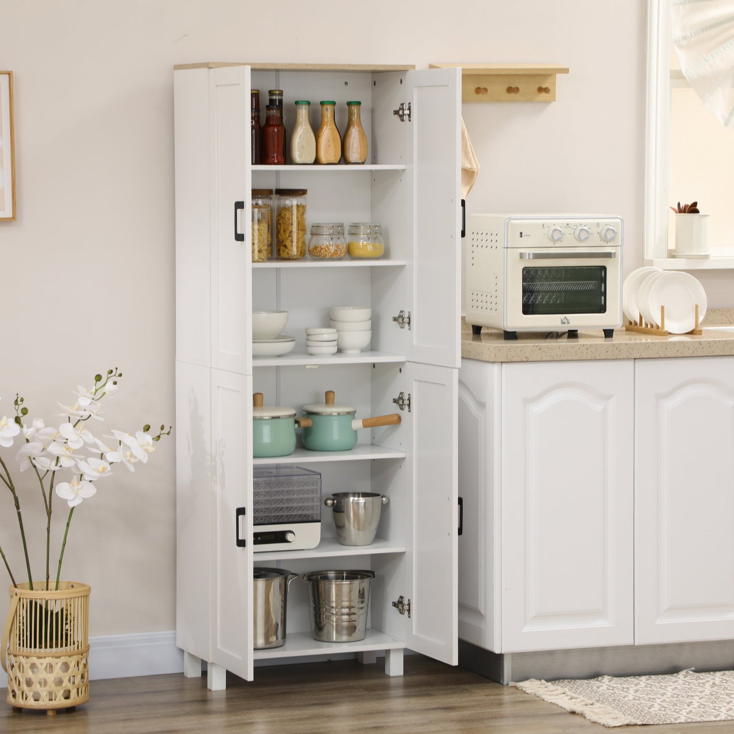 Freestanding Kitchen Cupboard, 4-Door Storage Cabinet with Adjustable Shelves, Modern Kitchen Pantry for Dining Room, 170cm, White Embossed Wood Grain