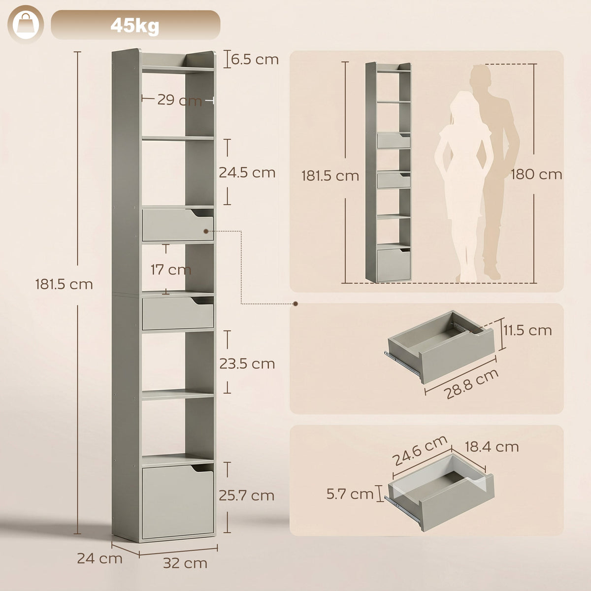Bookcase with Drawers and Cabinet, 5-Tier Bookshelf, Narrow Tall Storage Cabinet with Anti-Tip for Living Room, Study, Home Office, Grey