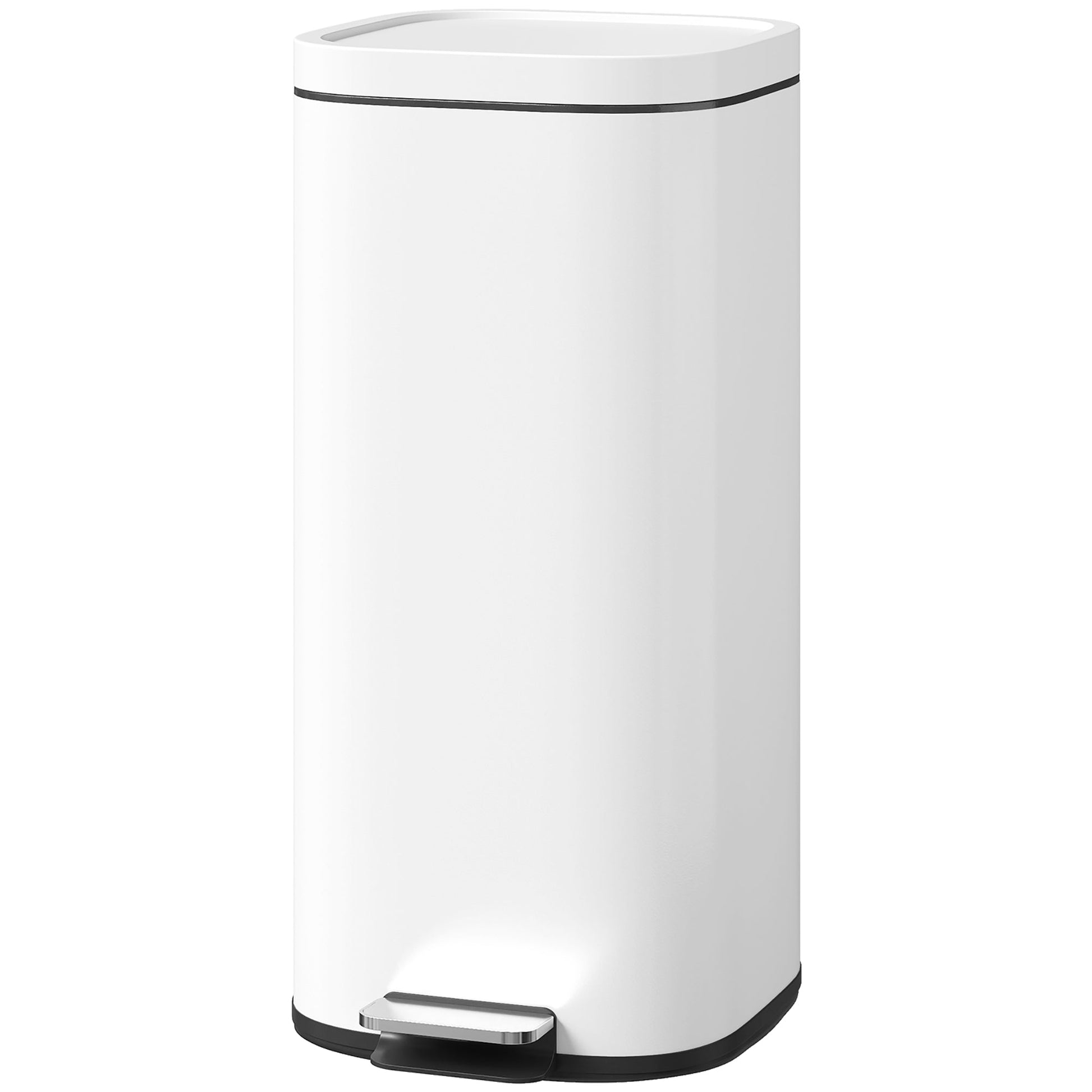 30L Kitchen Bin with Lid, Compact Pedal Bin with Soft-Close and Stay-Open Lid, Removable Inner Bucket, Fingerprint-Resistant for Kitchen, Home, Office, Bedroom, White