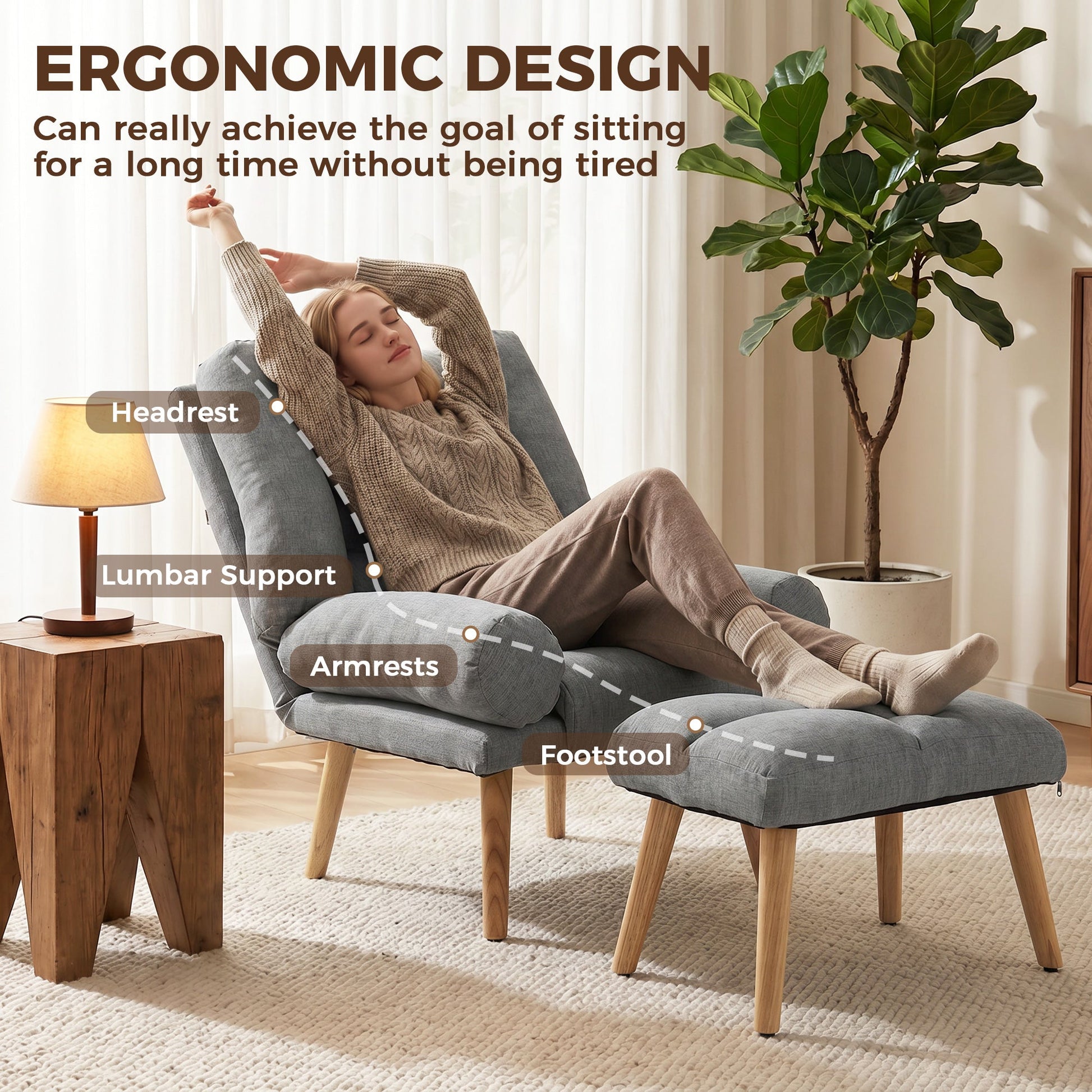 Recliner Chair with Footstool, Linen-Look Fabric Recliner Armchair with Adjustable Backrest, Thick Cushion and Wooden Legs, Reclining Chair for Living Room, Bedroom, Grey