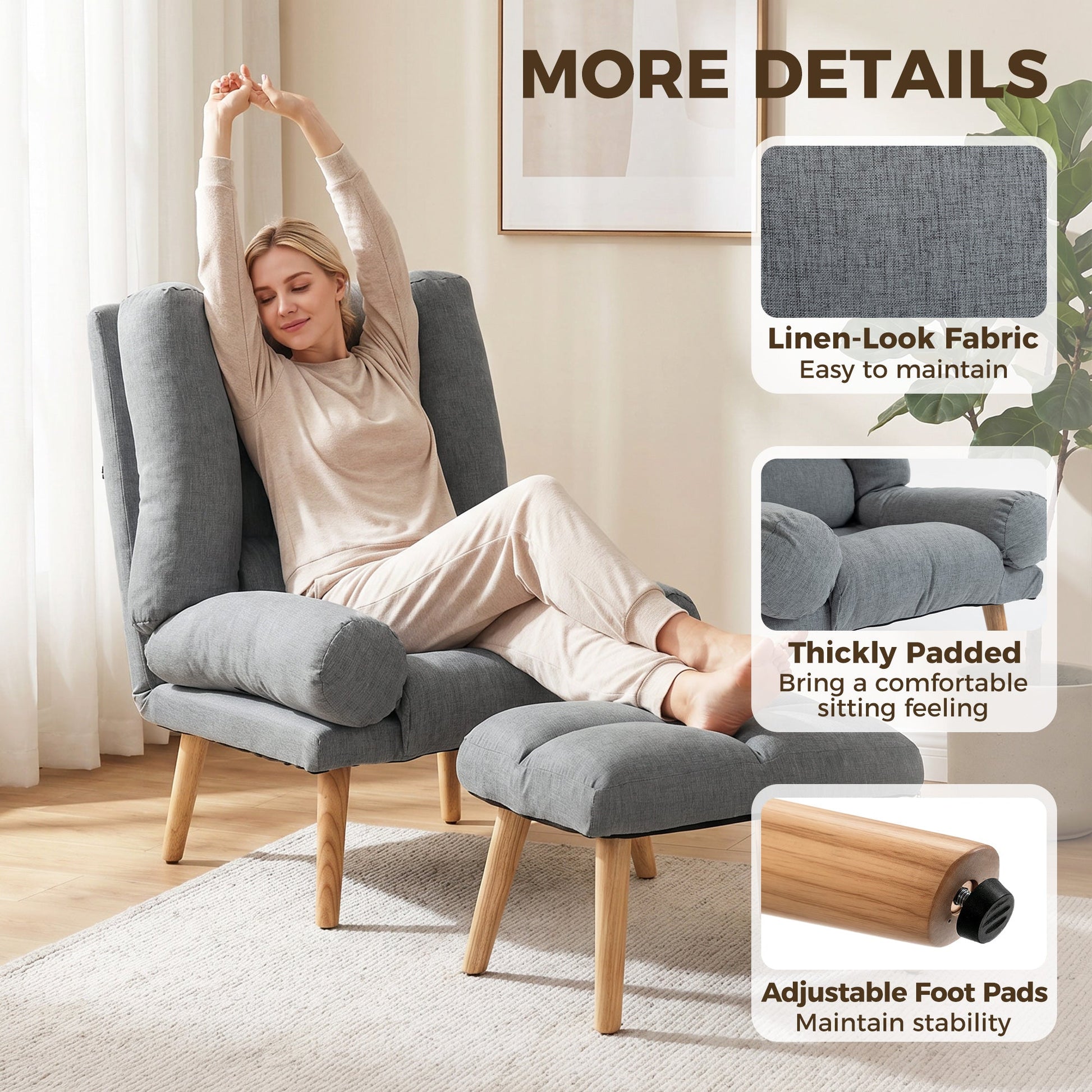 Recliner Chair with Footstool, Linen-Look Fabric Recliner Armchair with Adjustable Backrest, Thick Cushion and Wooden Legs, Reclining Chair for Living Room, Bedroom, Grey
