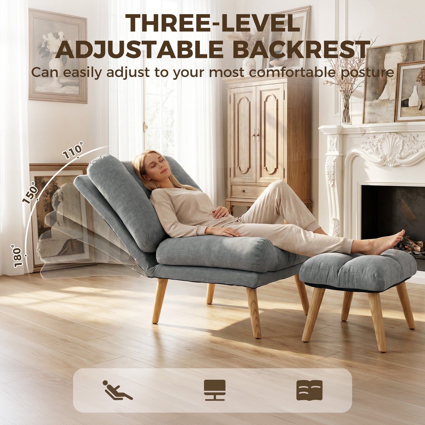 Recliner Chair with Footstool, Linen-Look Fabric Recliner Armchair with Adjustable Backrest, Thick Cushion and Wooden Legs, Reclining Chair for Living Room, Bedroom, Grey