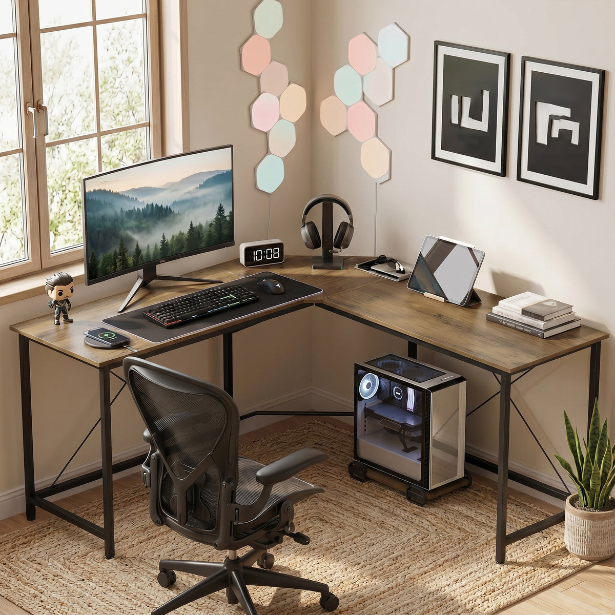 L-Shaped Desk, Gaming Desk, 150 x 150 x 75 cm, Corner Computer Desk for Study, Home Office, Bedroom, Grey Wood Effect