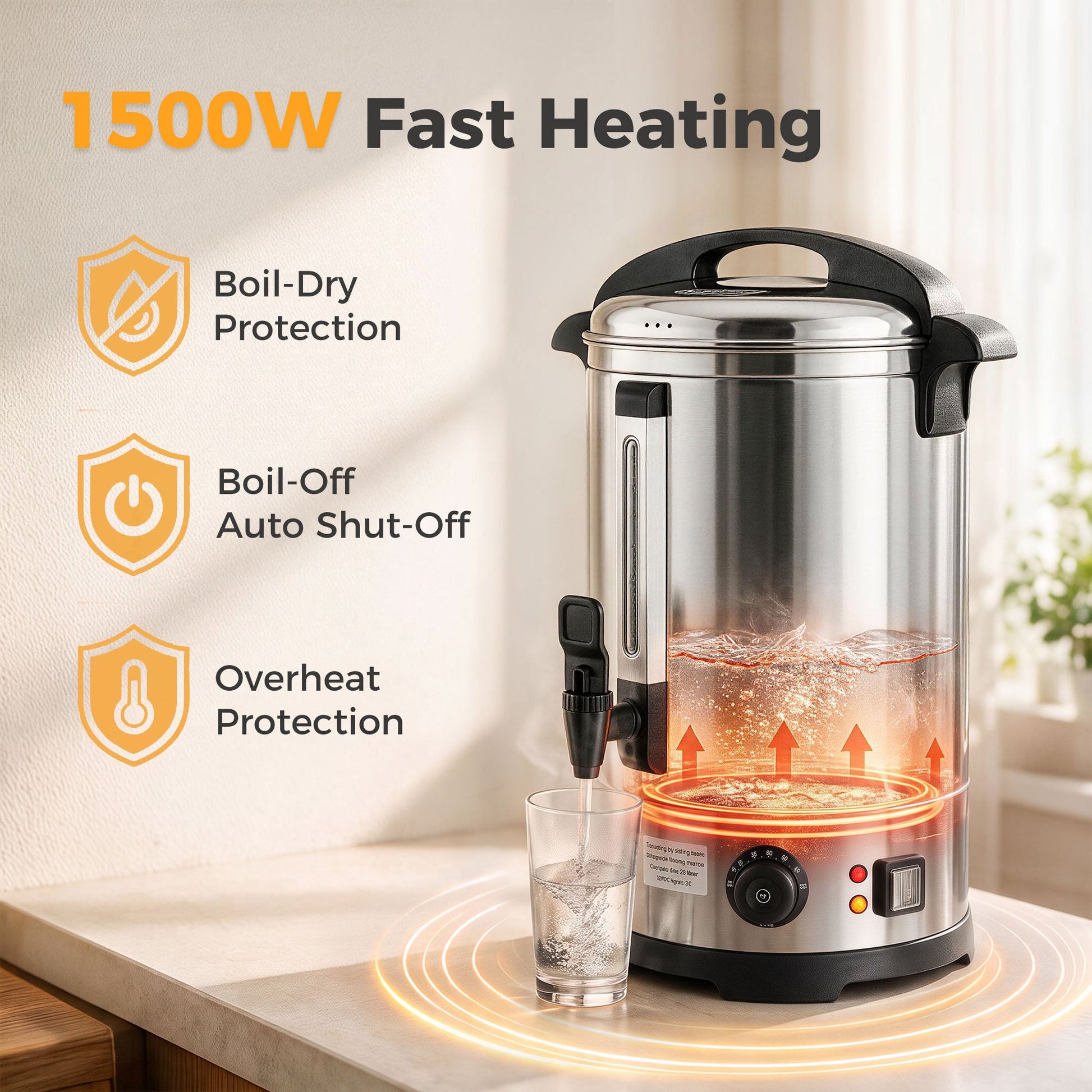 6.5L Catering Urn, 1500W Hot Water Boiler Dispenser with Thermostat, Stainless Steel Tea Urn Kettle with Keep Warm Function, Adjustable Temperature and Easy Pour Tap for Home Office Parties
