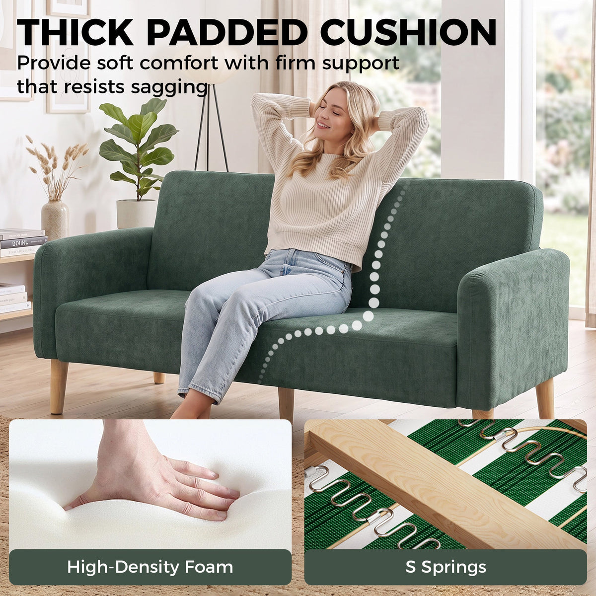 2 Seater Sofa, 160cm Velvet Small Couch with 20cm Thick Padding, Wide and Deep Seat, Plush Backrest, Loveseat Sofa Settee for Small Space, Living Room, Bedroom, Home Office, Dark Green