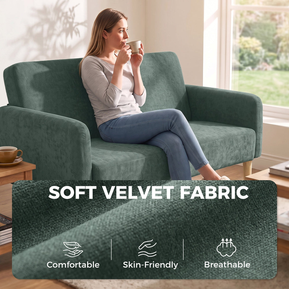 2 Seater Sofa, 160cm Velvet Small Couch with 20cm Thick Padding, Wide and Deep Seat, Plush Backrest, Loveseat Sofa Settee for Small Space, Living Room, Bedroom, Home Office, Dark Green