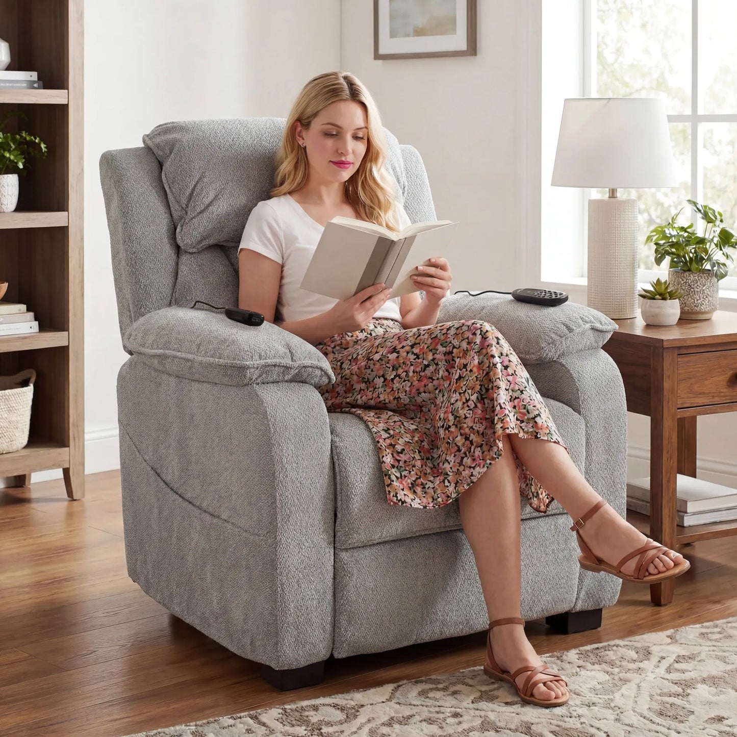 Power Recliner Armchair with Massage and Heat, Velvet-Feel Fabric Quiet Electric Reclining Chair with Wide Spring Seat, Memory Function, High Back, Headrest, USB Port, Side Pockets, Light Grey