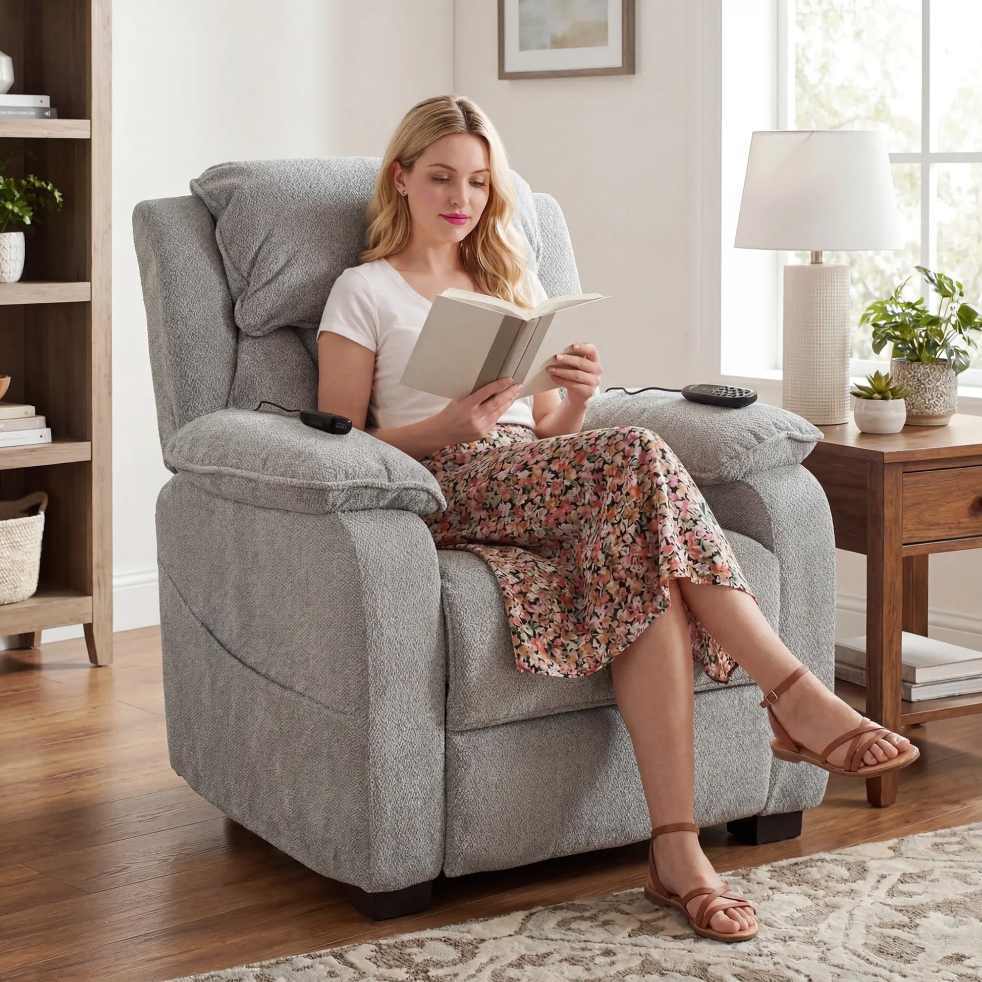 Power Recliner Armchair with Massage and Heat, Velvet-Feel Fabric Quiet Electric Reclining Chair with Wide Spring Seat, Memory Function, High Back, Headrest, USB Port, Side Pockets, Light Grey