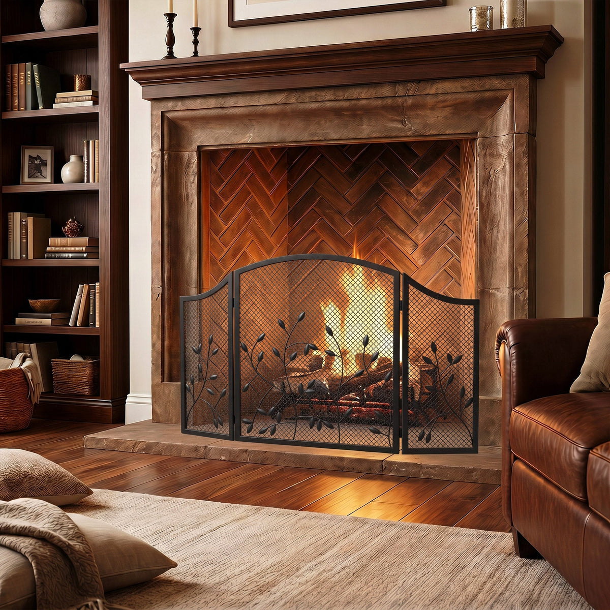 3-Panel Folding Fireplace Screen with Spark Guard for Hearth Protection, Heat-Resistant Metal Fire Screen, 122 x 1 x 75 cm, Black