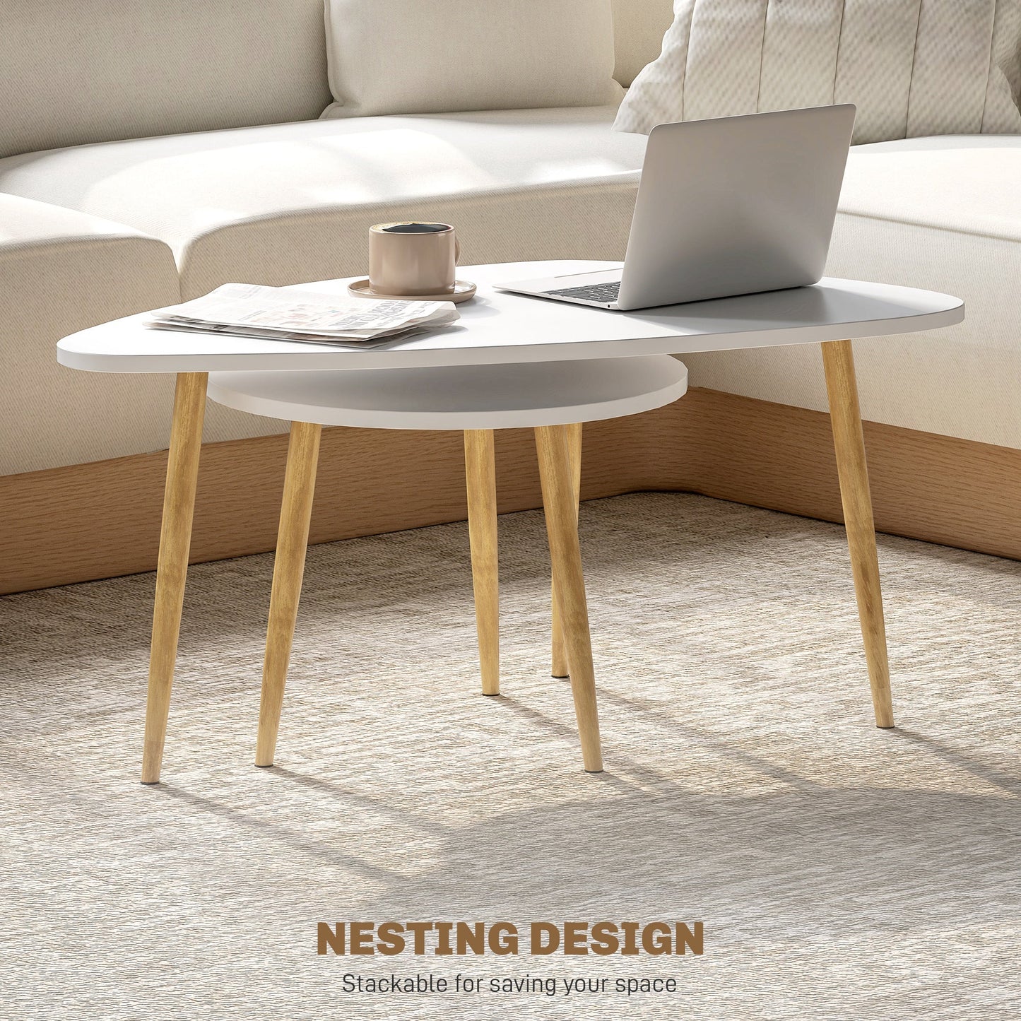HOMCOM Coffee Table Set of 2, Nesting Coffee End Tables with Modern Decor, Side Table Triangle Occasional Stand Tea Table for Living Room Home and Office, White