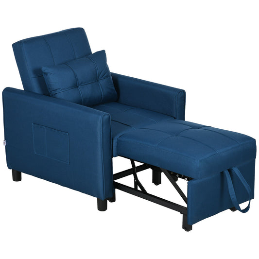 HOMCOM Compact Single Chair Bed, Pull Out Chair Bed, Convertible Sleeper Chair with Adjustable Backrest, Pillow, Side Pockets for Home Office, Bedroom, Living Room, Blue