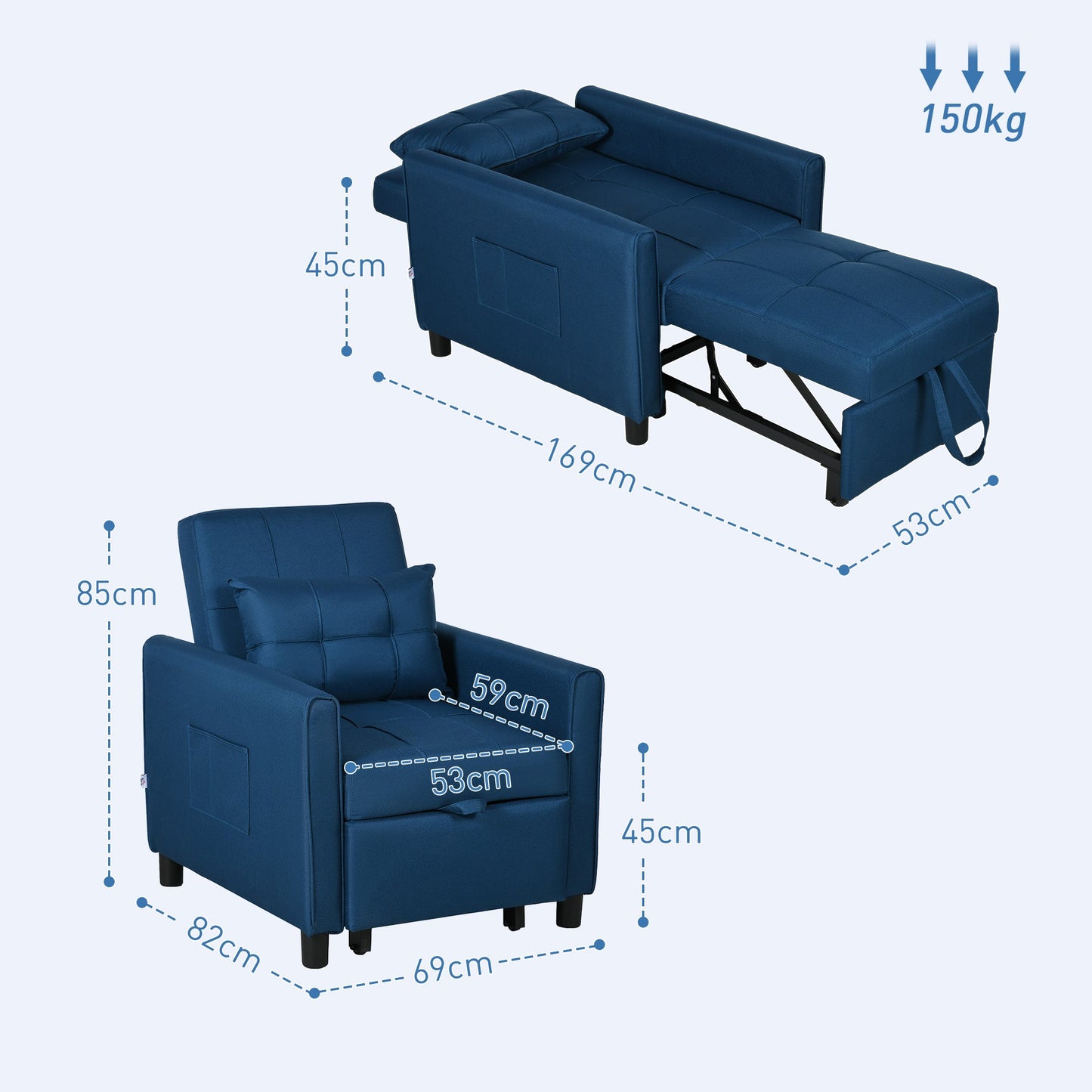 HOMCOM Compact Single Chair Bed, Pull Out Chair Bed, Convertible Sleeper Chair with Adjustable Backrest, Pillow, Side Pockets for Home Office, Bedroom, Living Room, Blue