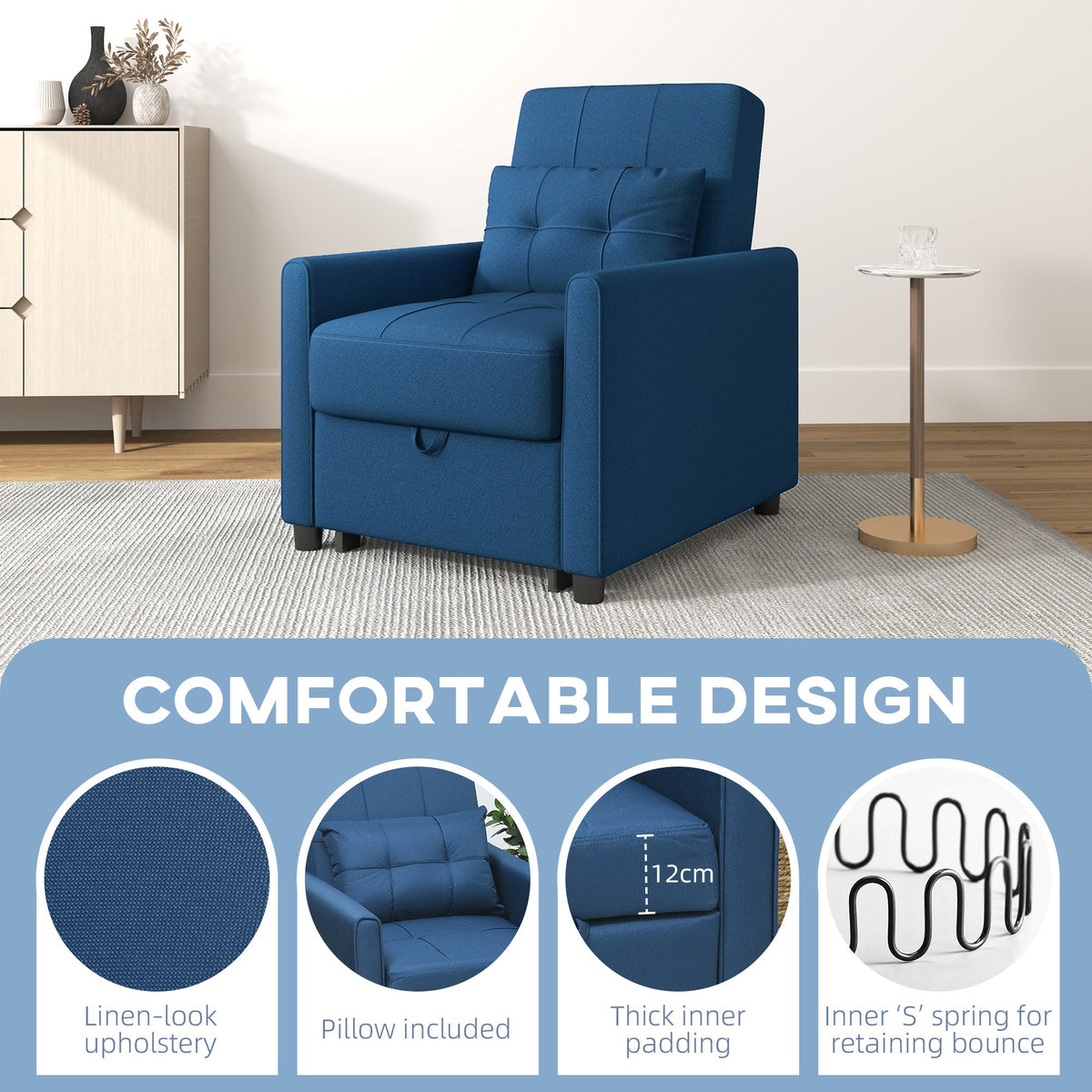 HOMCOM Compact Single Chair Bed, Pull Out Chair Bed, Convertible Sleeper Chair with Adjustable Backrest, Pillow, Side Pockets for Home Office, Bedroom, Living Room, Blue