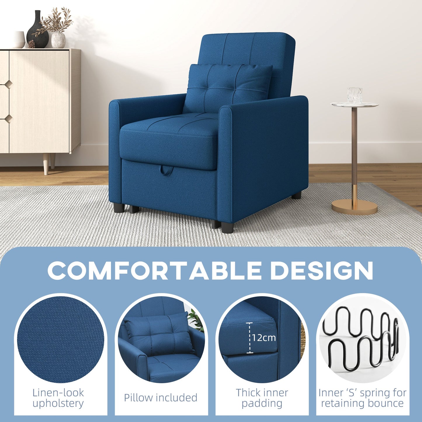 HOMCOM Compact Single Chair Bed, Pull Out Chair Bed, Convertible Sleeper Chair with Adjustable Backrest, Pillow, Side Pockets for Home Office, Bedroom, Living Room, Blue