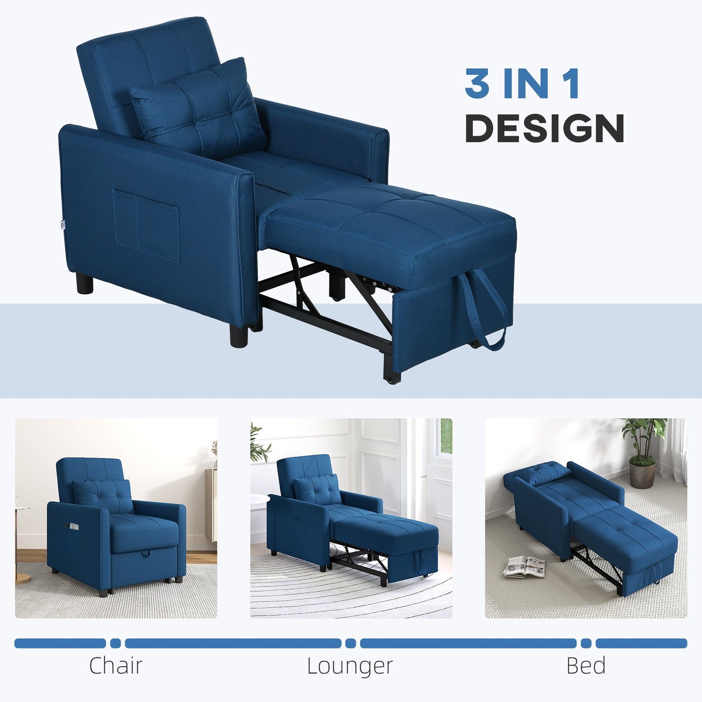 HOMCOM Compact Single Chair Bed, Pull Out Chair Bed, Convertible Sleeper Chair with Adjustable Backrest, Pillow, Side Pockets for Home Office, Bedroom, Living Room, Blue
