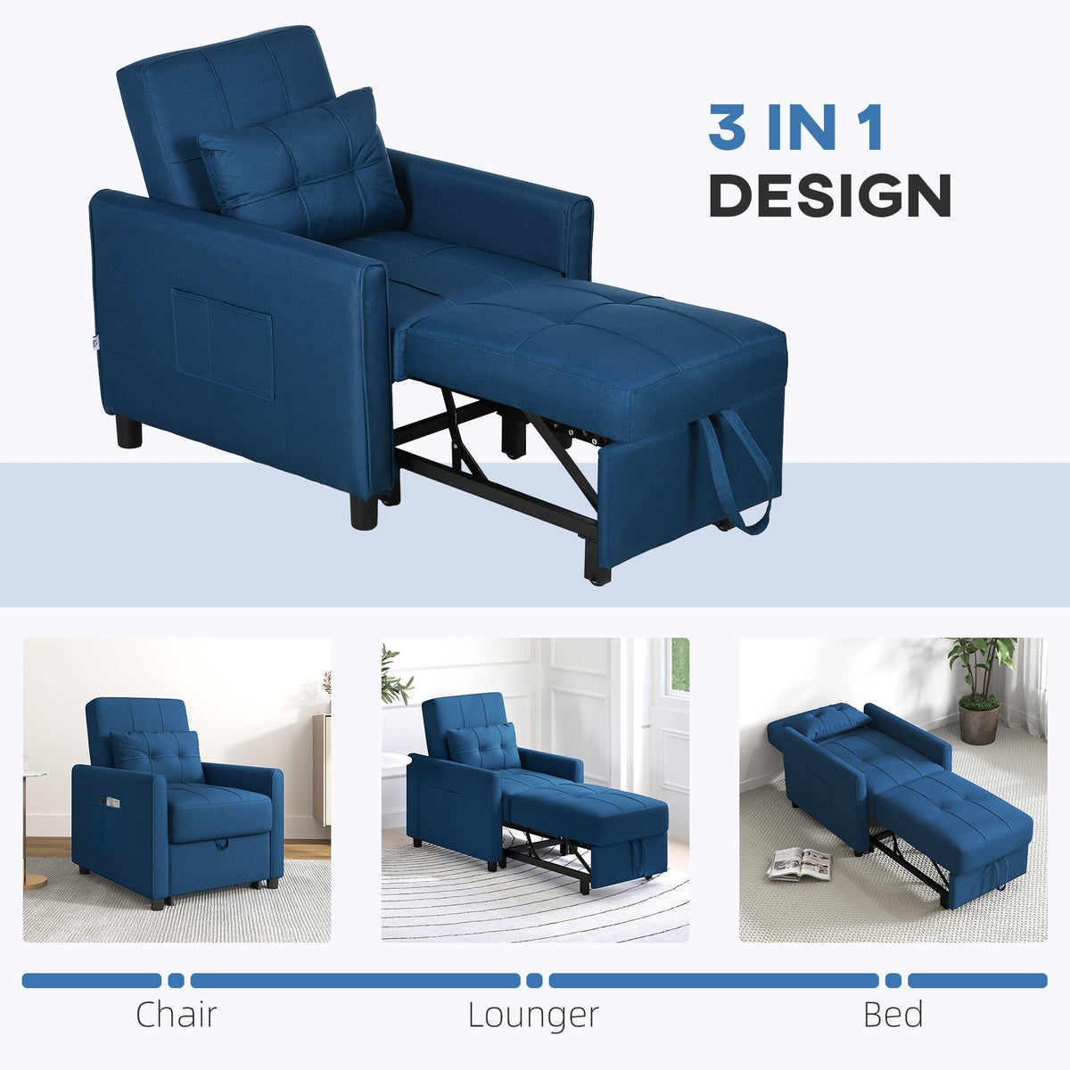 HOMCOM Compact Single Chair Bed, Pull Out Chair Bed, Convertible Sleeper Chair with Adjustable Backrest, Pillow, Side Pockets for Home Office, Bedroom, Living Room, Blue