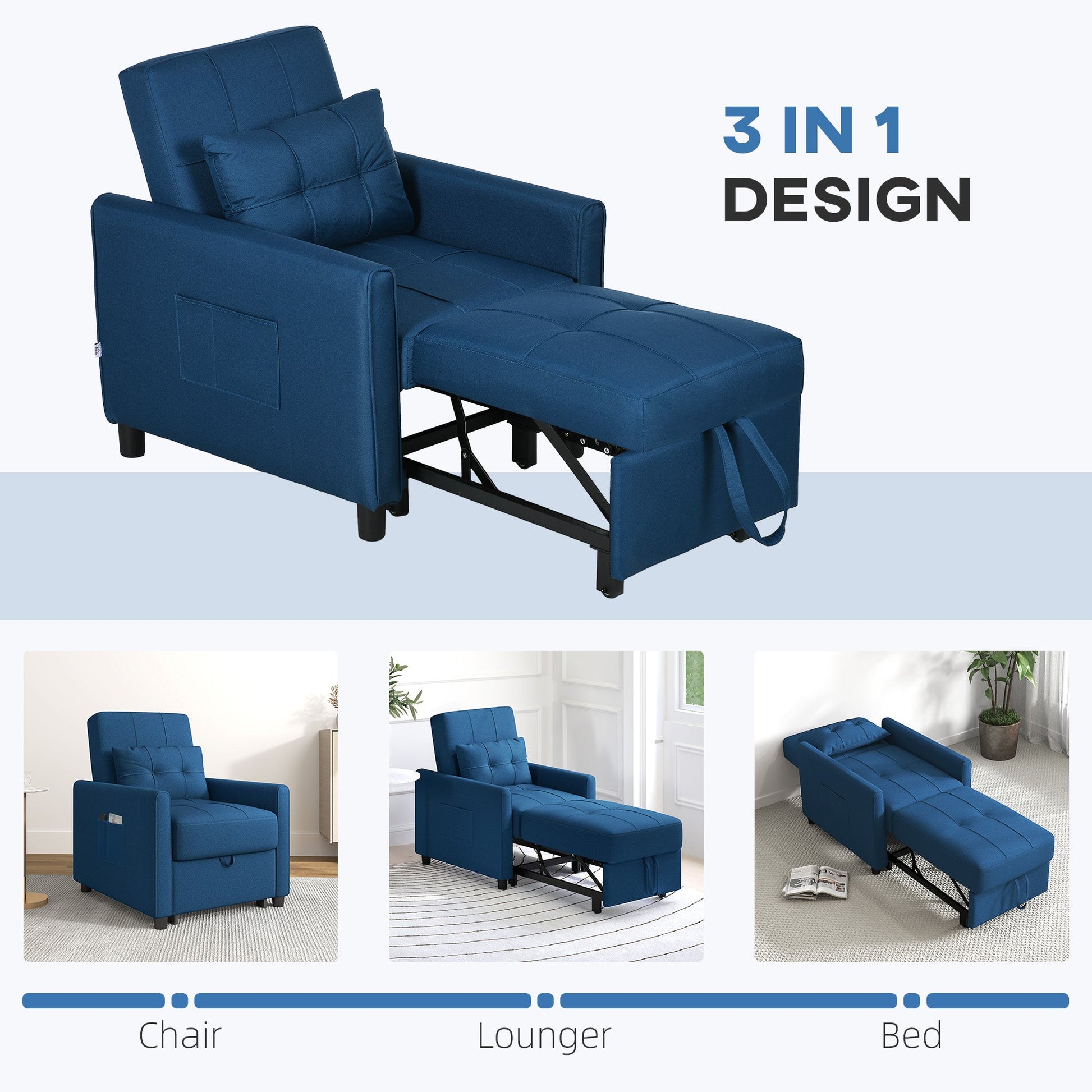 HOMCOM Compact Single Chair Bed, Pull Out Chair Bed, Convertible Sleeper Chair with Adjustable Backrest, Pillow, Side Pockets for Home Office, Bedroom, Living Room, Blue